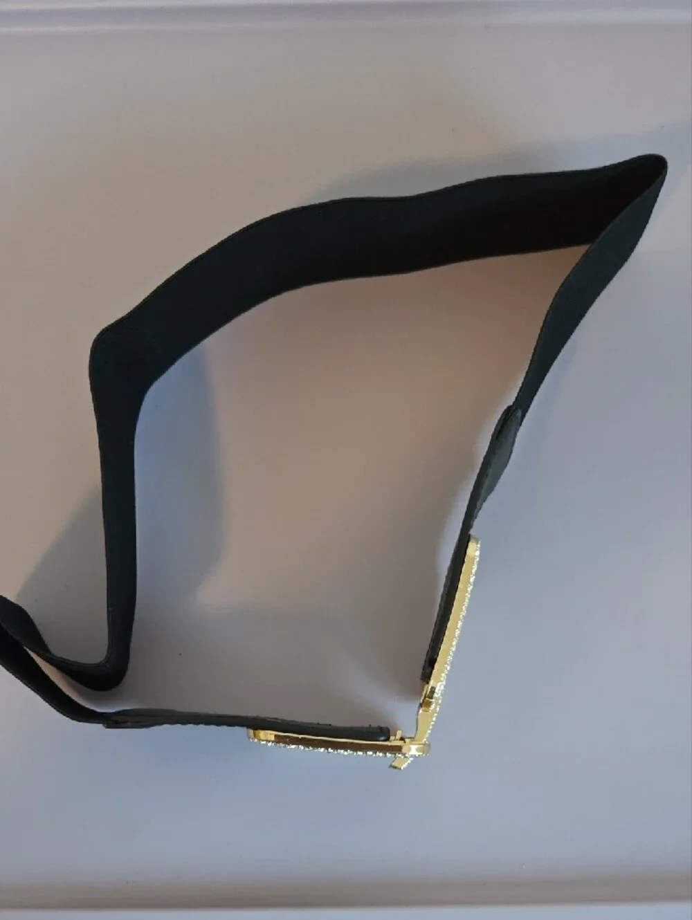 Black Elastic Waist Belt with Gold Rhinestone Buckle